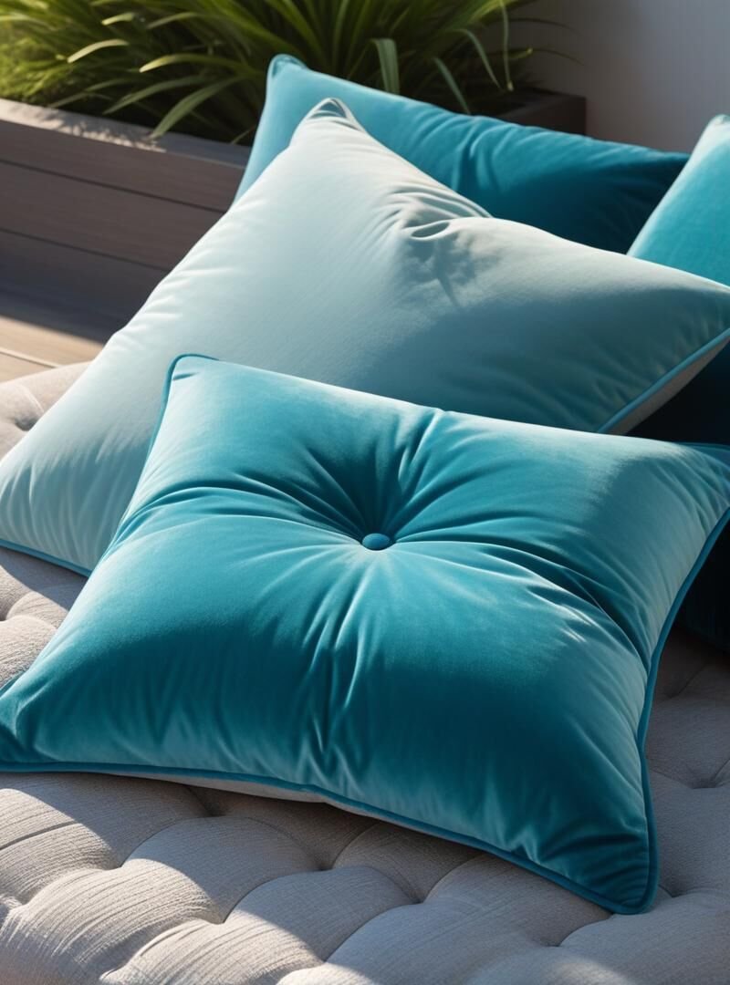 800x1080 Plush teal cushions create a cozy atmosphere, promoting restful sleep in a serene lounge setting with subtle greenery.