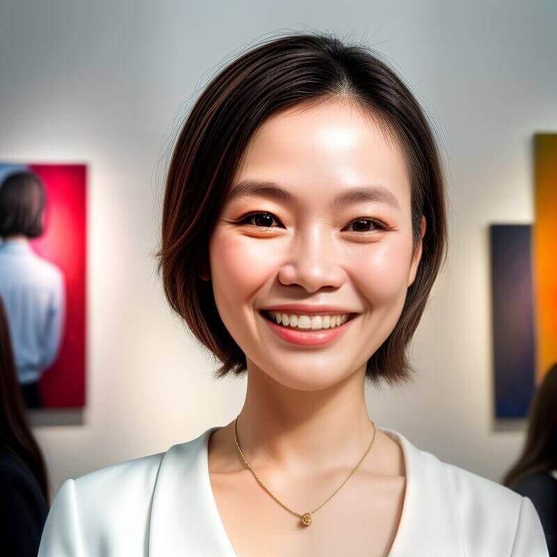 Smiling woman in art gallery, inviting atmosphere reflecting creativity and expression, promoting restful sleep solutions.