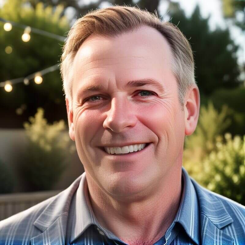 Smiling man in striped shirt outdoors, representing friendly support from Sleep Partner Guide for better sleep quality.