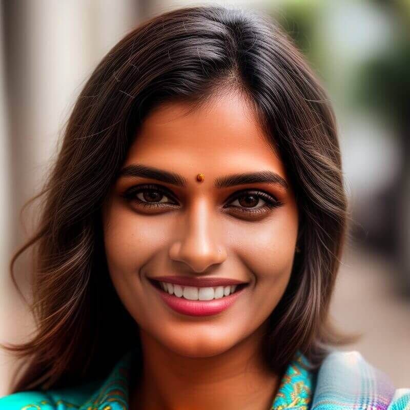 Smiling woman in vibrant traditional attire, embodying joy and cultural heritage, promoting restful sleep solutions.