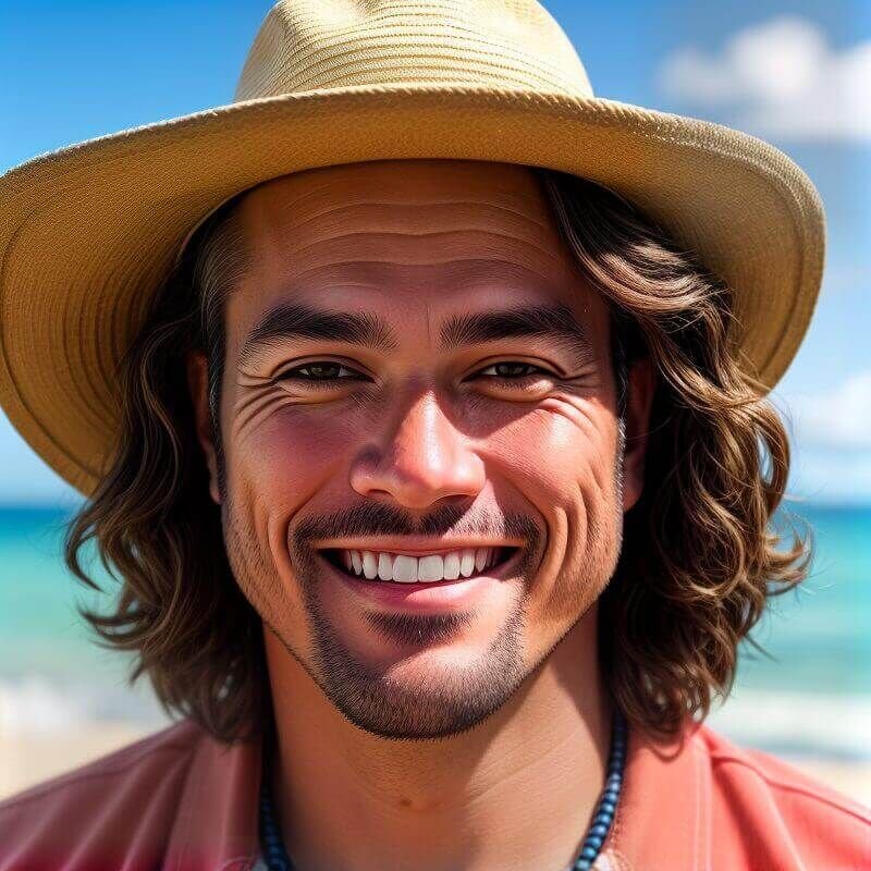 Young man at the beach, smiling, wearing a straw hat, promoting relaxation and restful sleep solutions.
