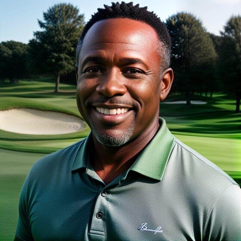 Smiling man in a green polo shirt on a sunny golf course, promoting relaxation and leisure for improved sleep health.